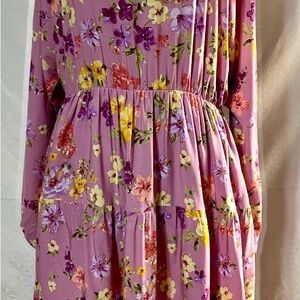Elegant Floral Long Sleeve Dress in Purple and Yellow